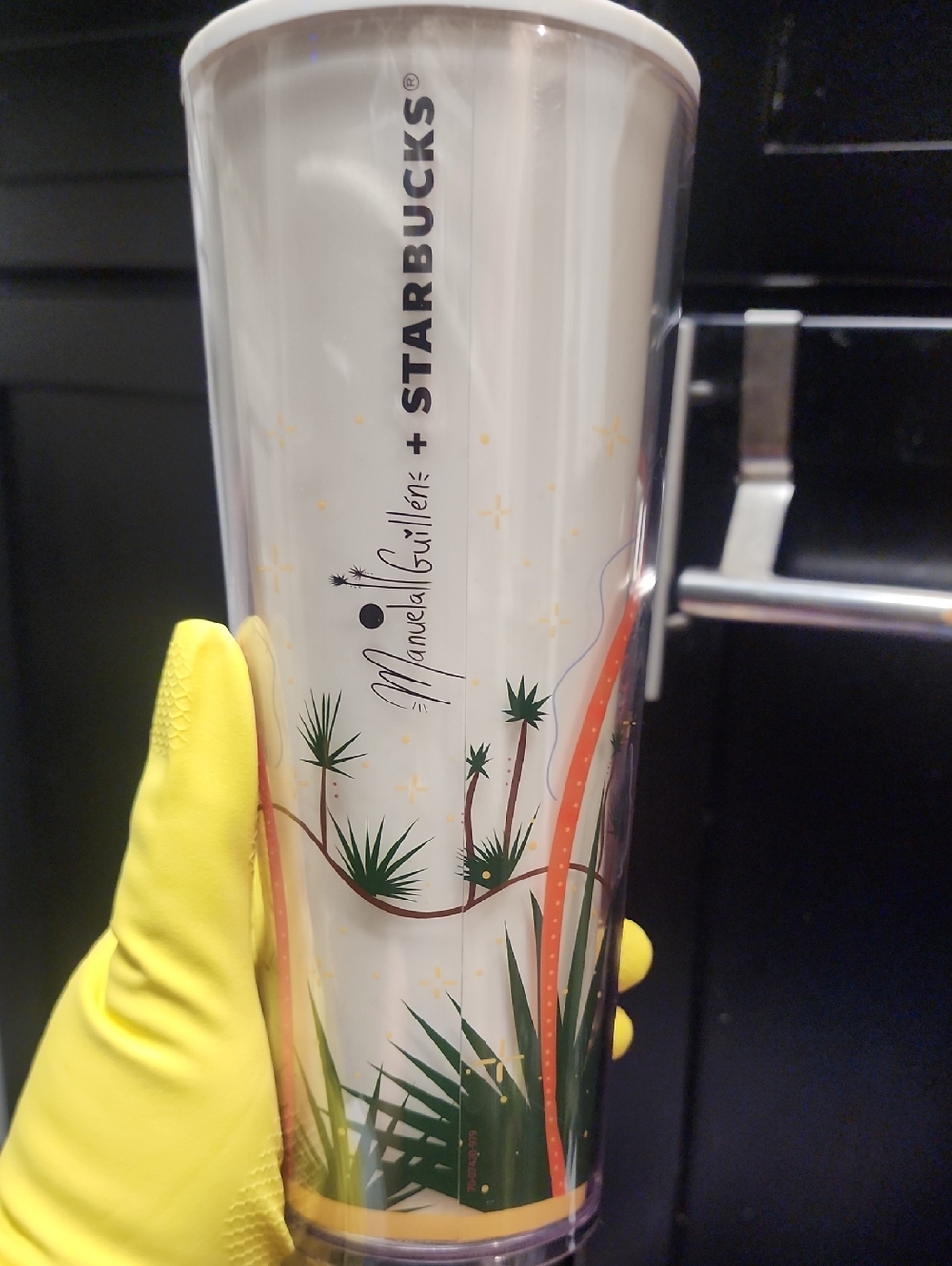 Starbucks White Tumbler with Green and Orange Botanical Design